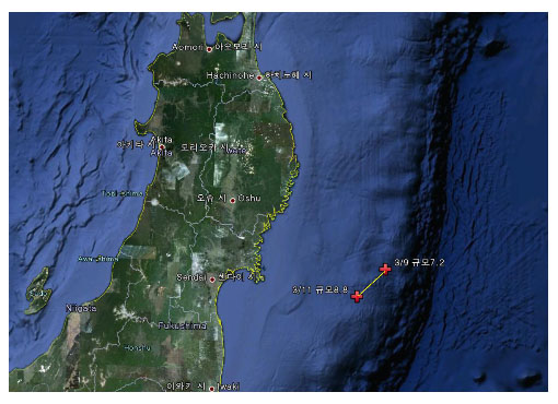 위 지점 : 3월 9일에 발생한 규모 7.2 지진, 아래 지점 : 오늘(11일) 발생한 규모 8.8지진 발생 지점
