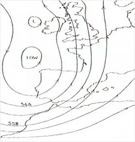 500mbar contour chart for midnight GMT on 9, november, 1984.