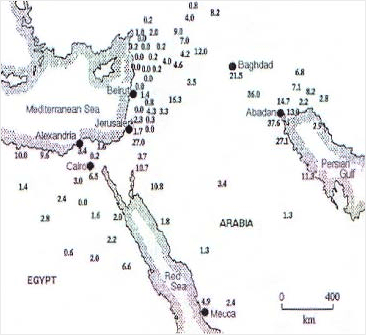 Annual frequency of dust storms (visibility less than 1000m) in the Middle East (redrawn from Goudie, 1983)